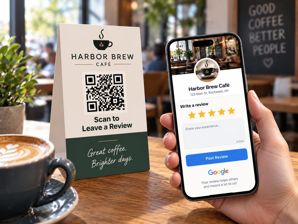 Illustrative café counter sign with a QR code and a phone showing a Google review.