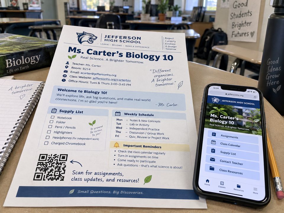 Illustrative biology classroom handout with a QR code beside a phone showing assignments, a class calendar and resources.