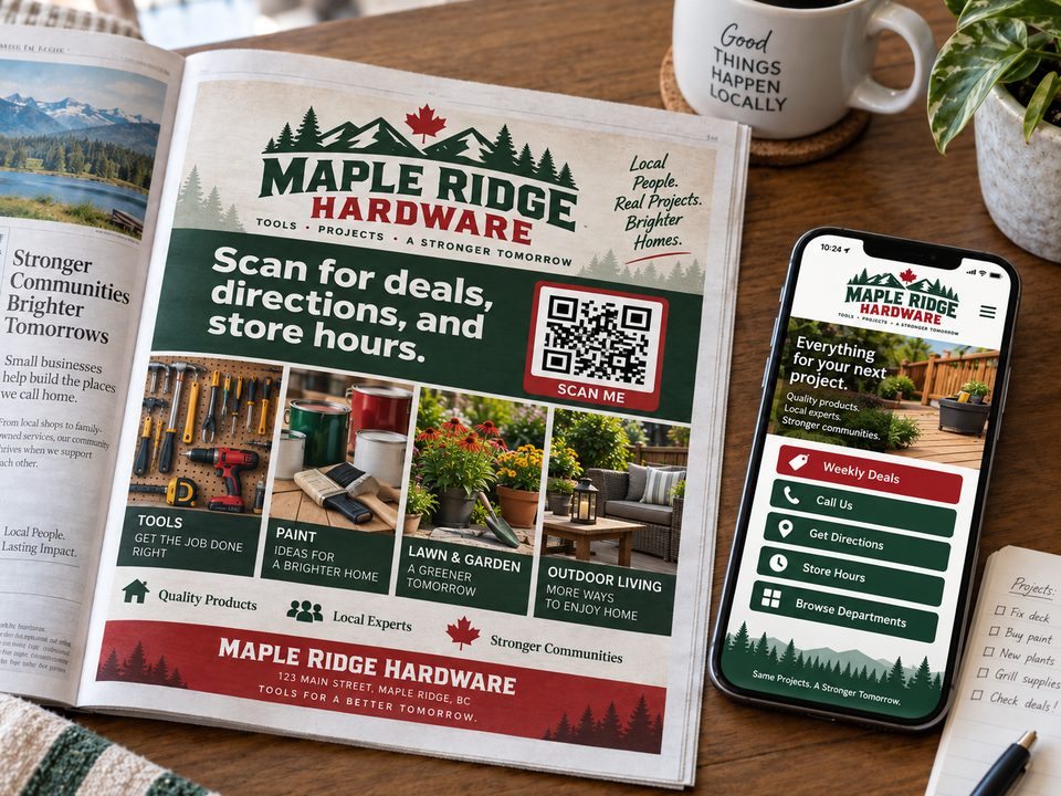 Illustrative hardware store flyer with a QR code linking to a mobile page.