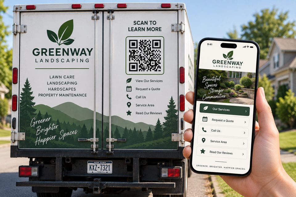 Illustrative landscaping truck with a QR code and a mobile business page.