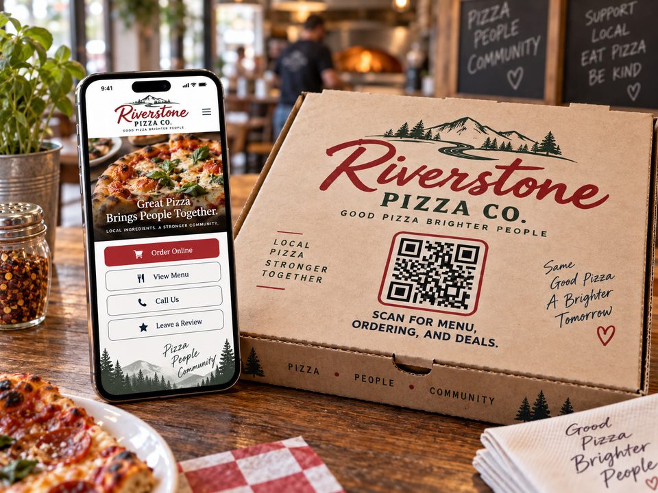 Illustrative pizza box with a QR code beside a phone showing a pizzeria’s menu, ordering and review links.