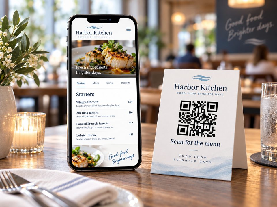 Illustrative restaurant table QR sign and a menu displayed on a phone.
